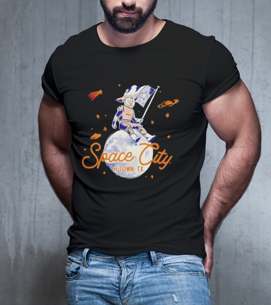 Space City H-Town TX Astronaut On Moon With Saturn And Stars T-Shirt
