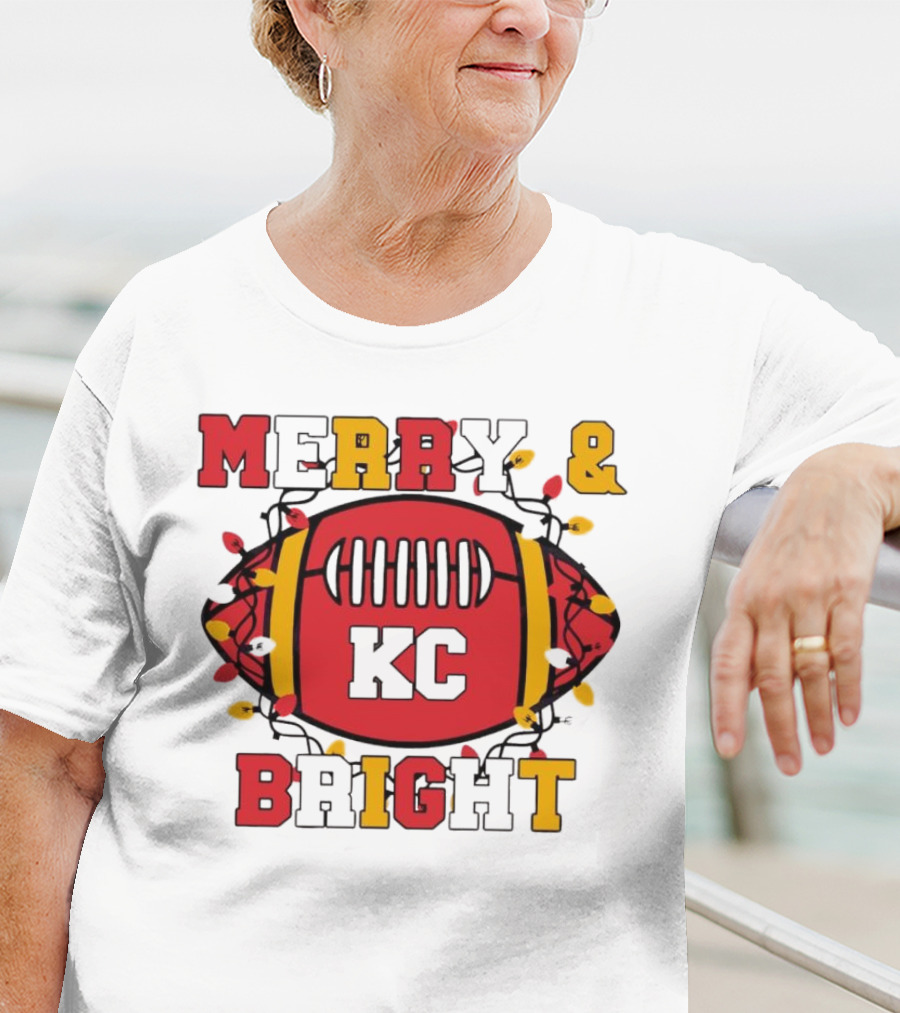 Kansas City Chiefs KC Merry And Bright Football Christmas T-Shirt