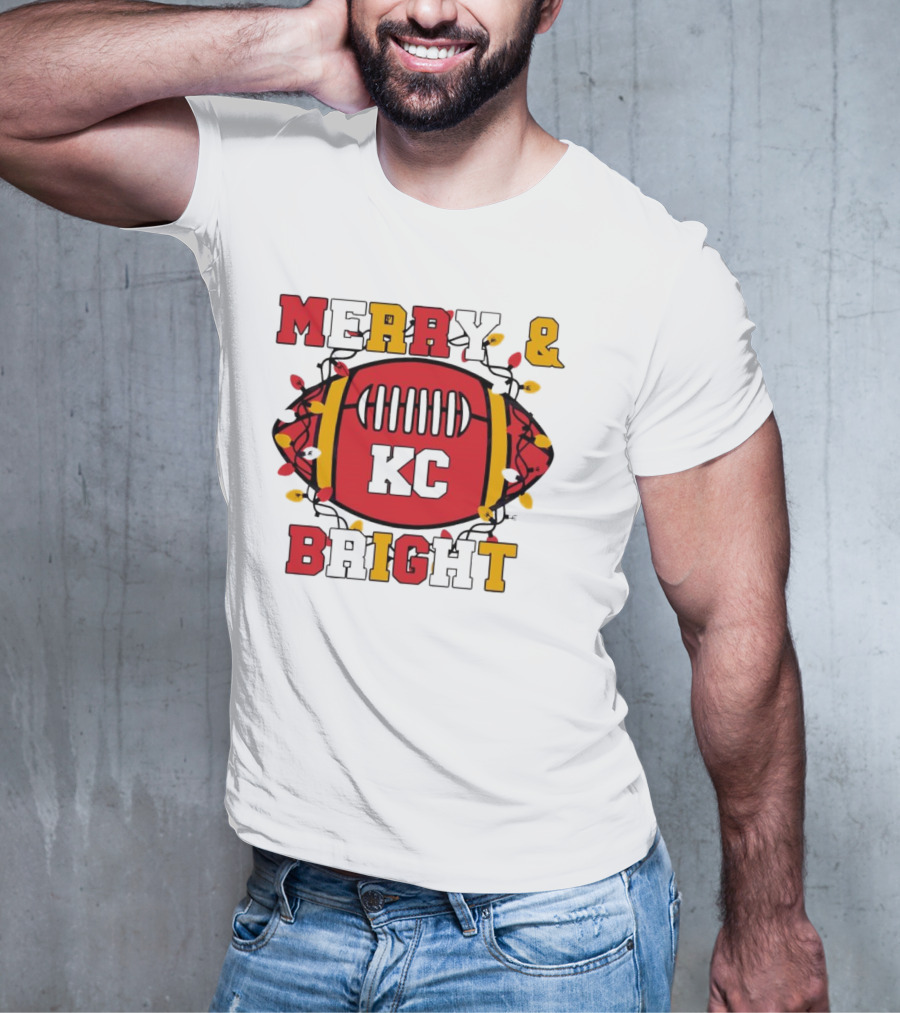 Kansas City Chiefs KC Merry And Bright Football Christmas T-Shirt