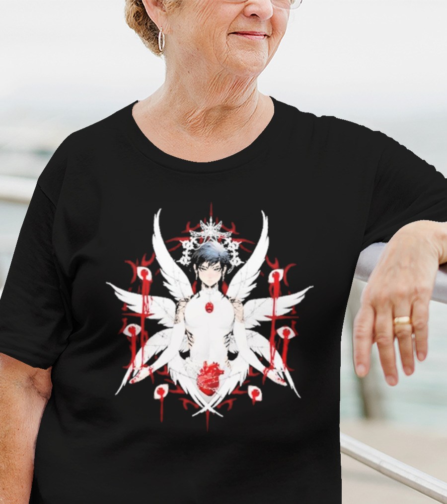 W6rst Maza Anime Angelic Figure With Wings And Red Accents T-Shirt
