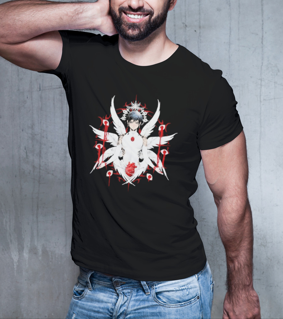 W6rst Maza Anime Angelic Figure With Wings And Red Accents T-Shirt