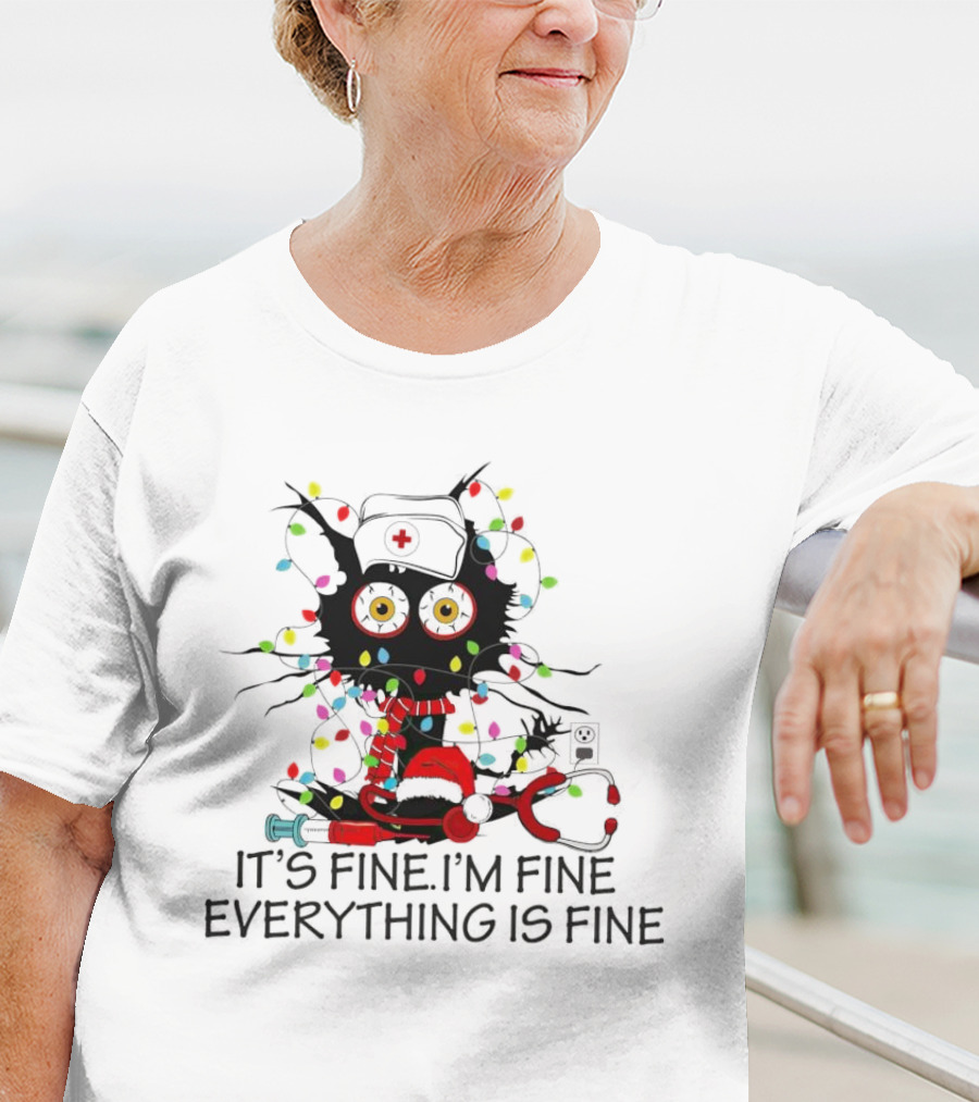 Black Cat Nurse It's Fine I'm Fine Everything Is Fine Christmas Lights Stethoscope T-Shirt