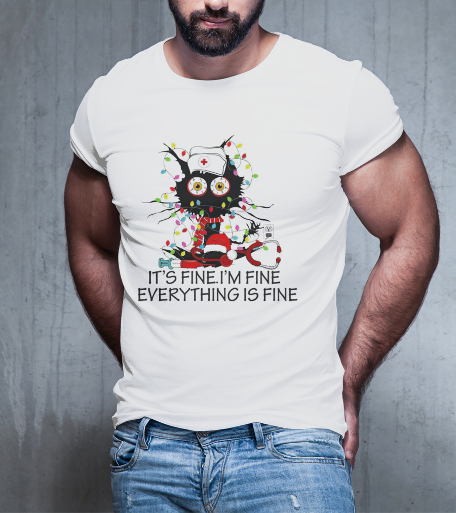 Black Cat Nurse It's Fine I'm Fine Everything Is Fine Christmas Lights Stethoscope T-Shirt