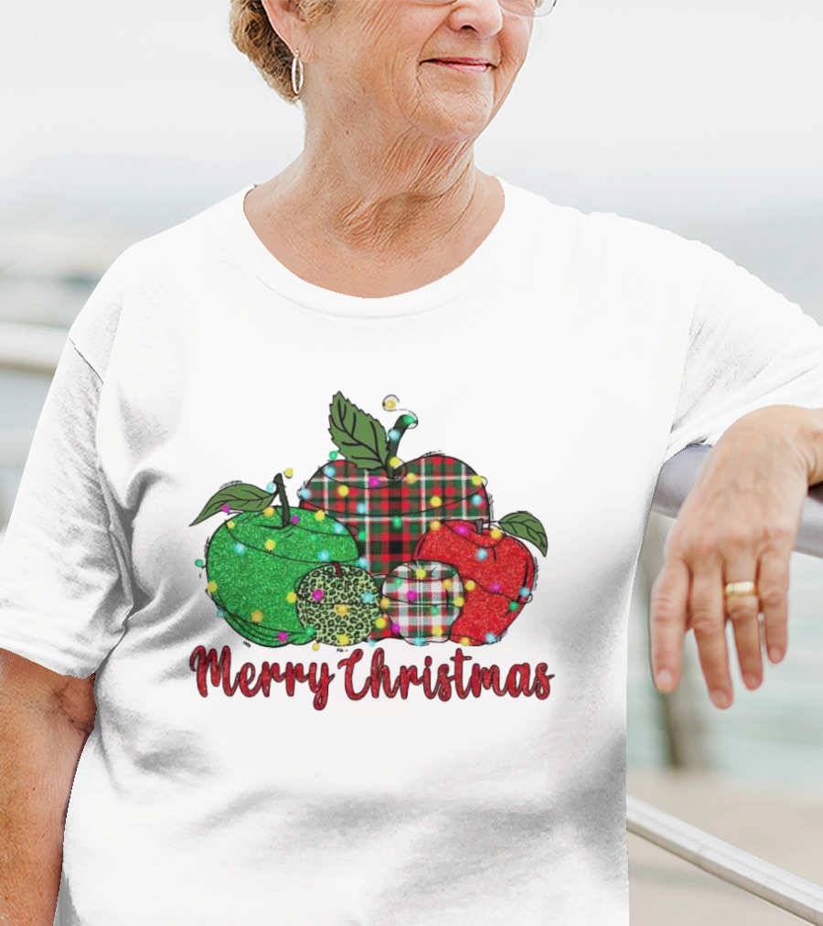 Merry Christmas Apples Plaid And Lights T-Shirt