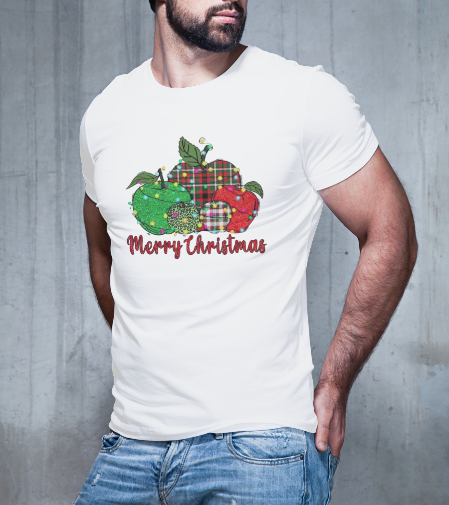 Merry Christmas Apples Plaid And Lights T-Shirt