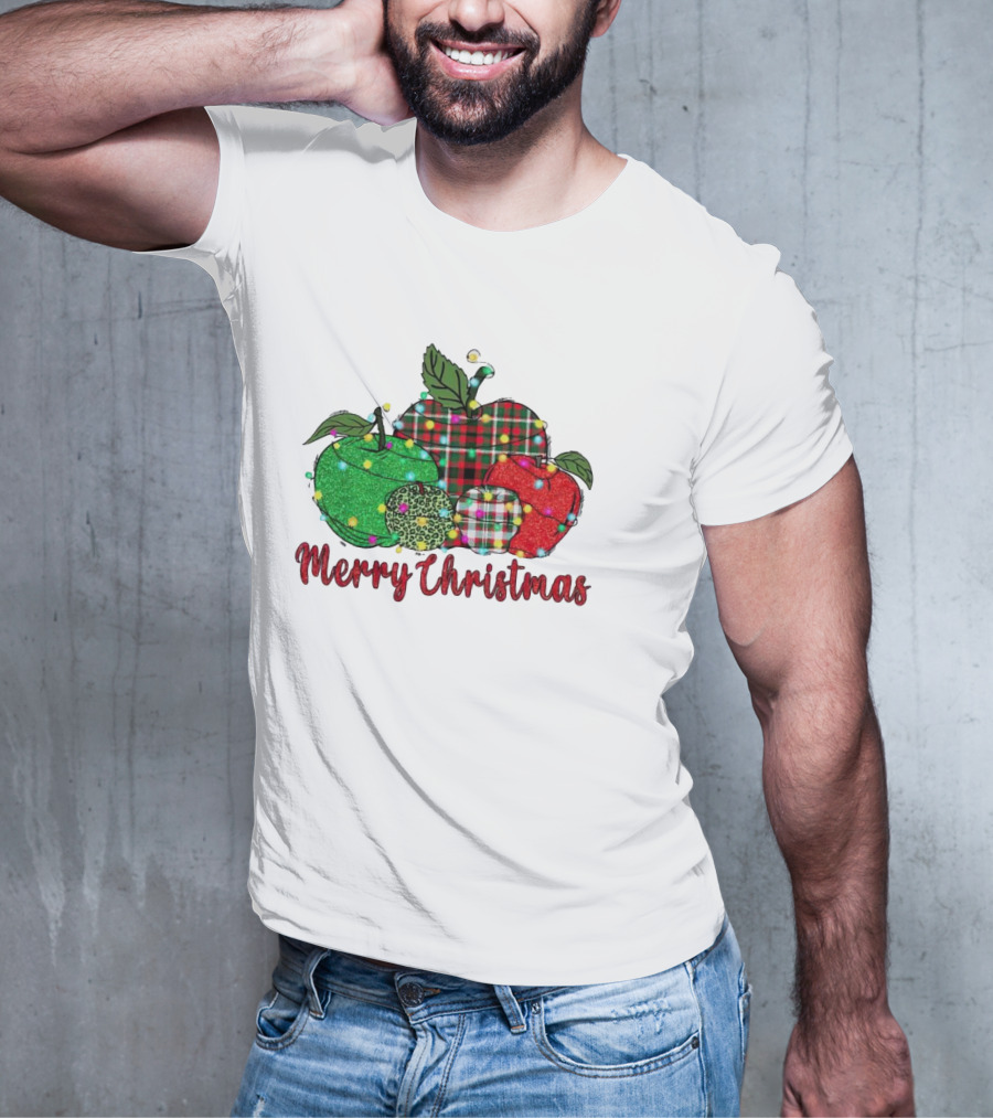 Merry Christmas Apples Plaid And Lights T-Shirt