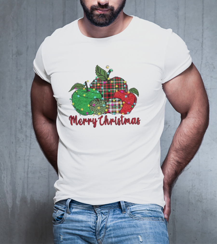 Merry Christmas Apples Plaid And Lights T-Shirt