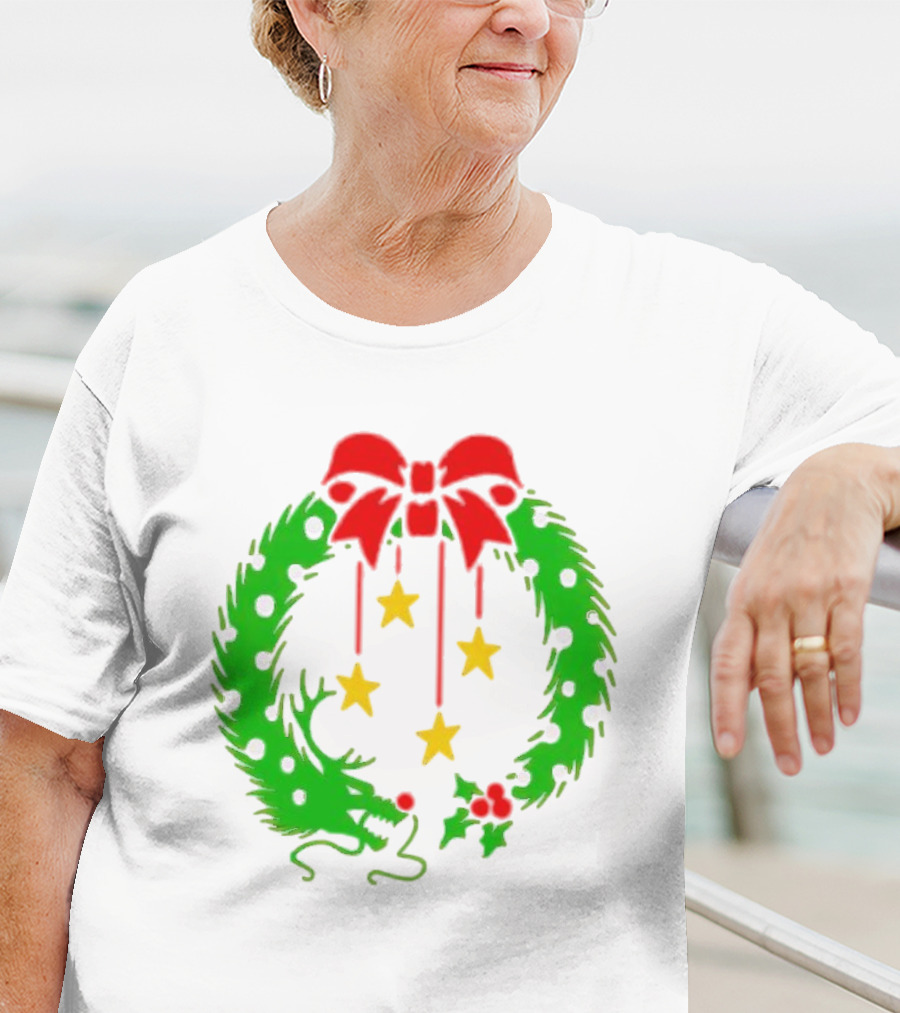 Christmas Wreath Dragon With Four Stars And Red Bow T-Shirt