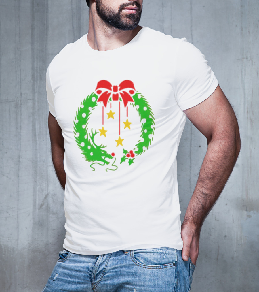 Christmas Wreath Dragon With Four Stars And Red Bow T-Shirt