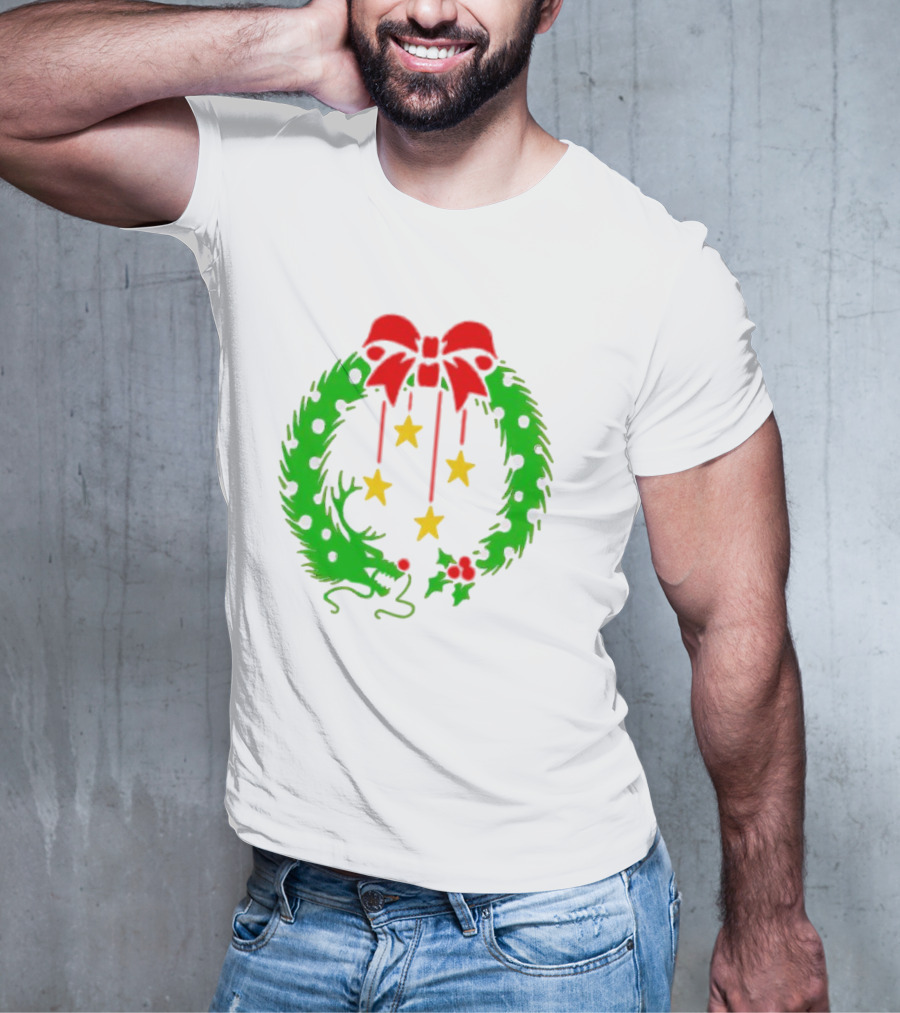 Christmas Wreath Dragon With Four Stars And Red Bow T-Shirt