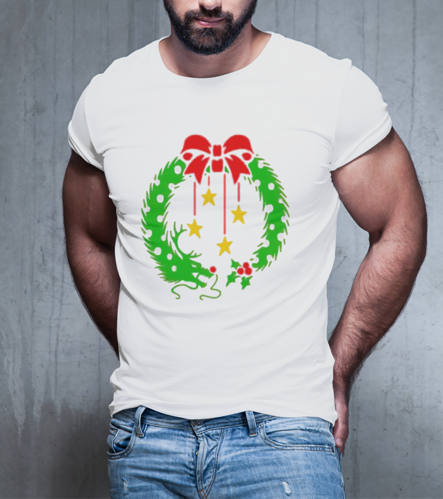 Christmas Wreath Dragon With Four Stars And Red Bow T-Shirt