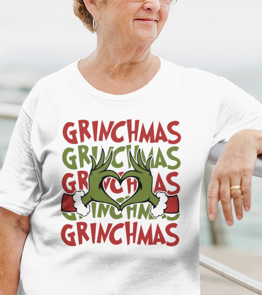 Grinch Hand Heart Love Grinchmas Repeating Text T-Shirt