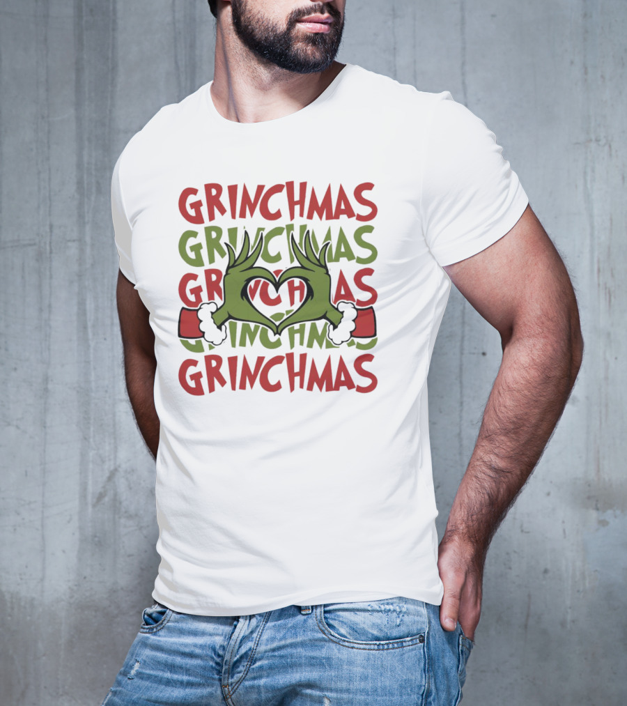 Grinch Hand Heart Love Grinchmas Repeating Text T-Shirt