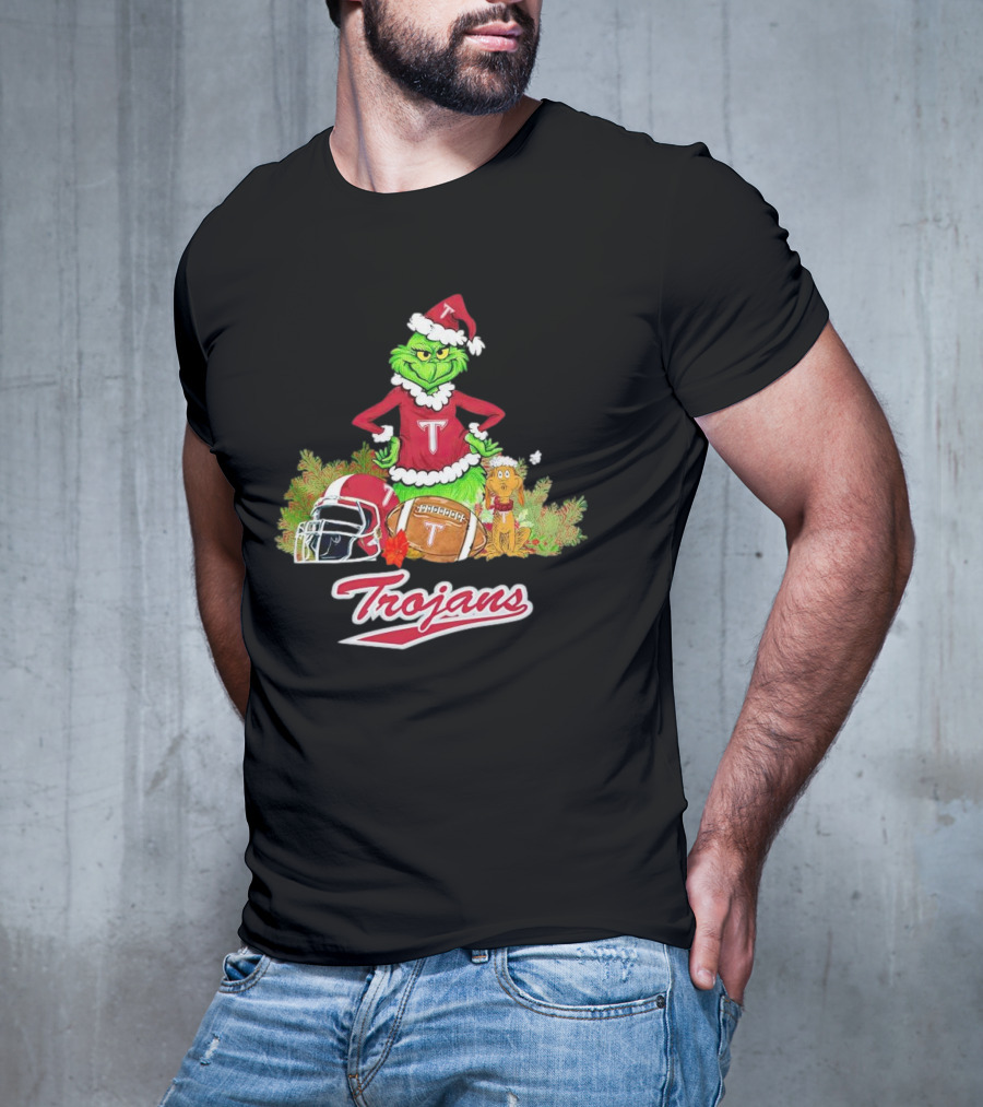 Grinch Troy Trojans Christmas Football Festive Scene T-Shirt