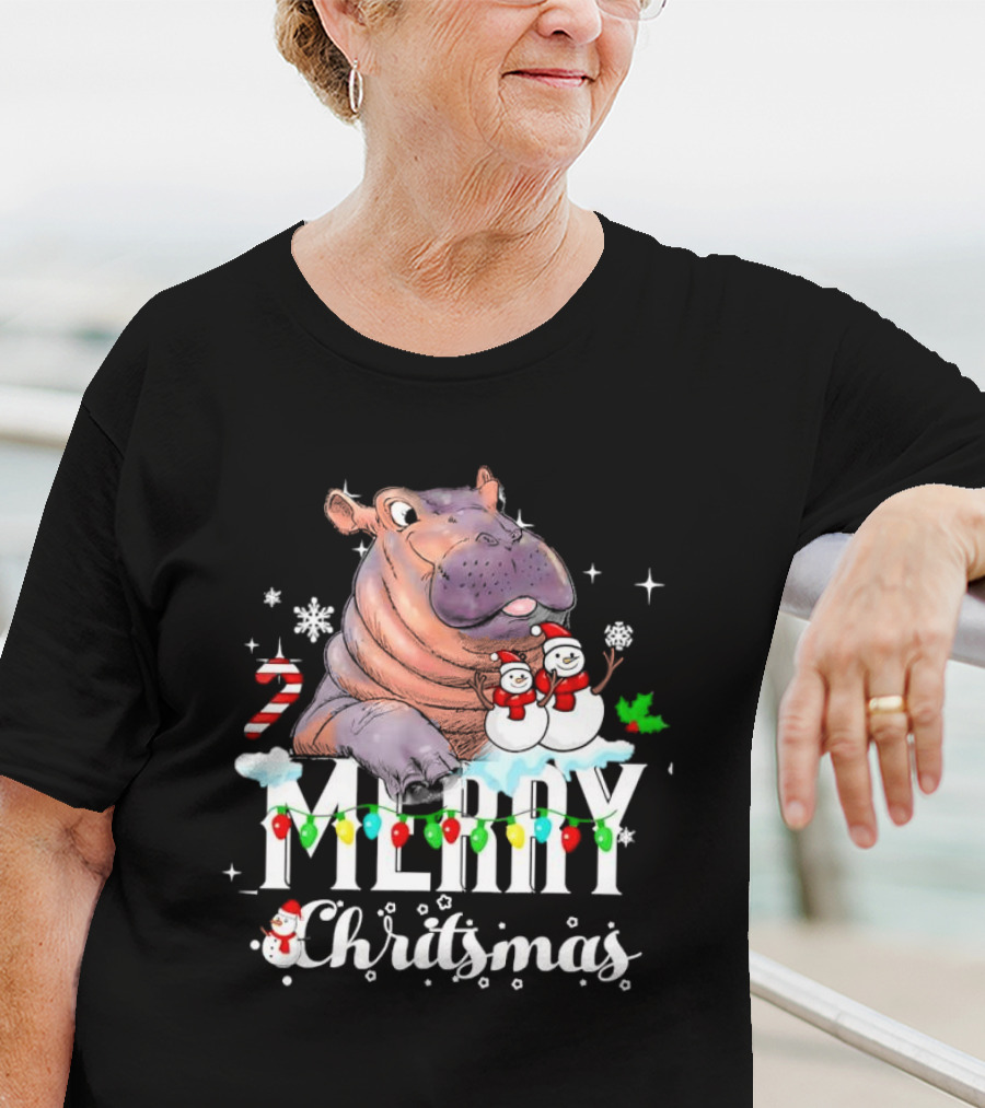 Hippo Merry Christmas Snowmen Candy Cane Lights T-Shirt