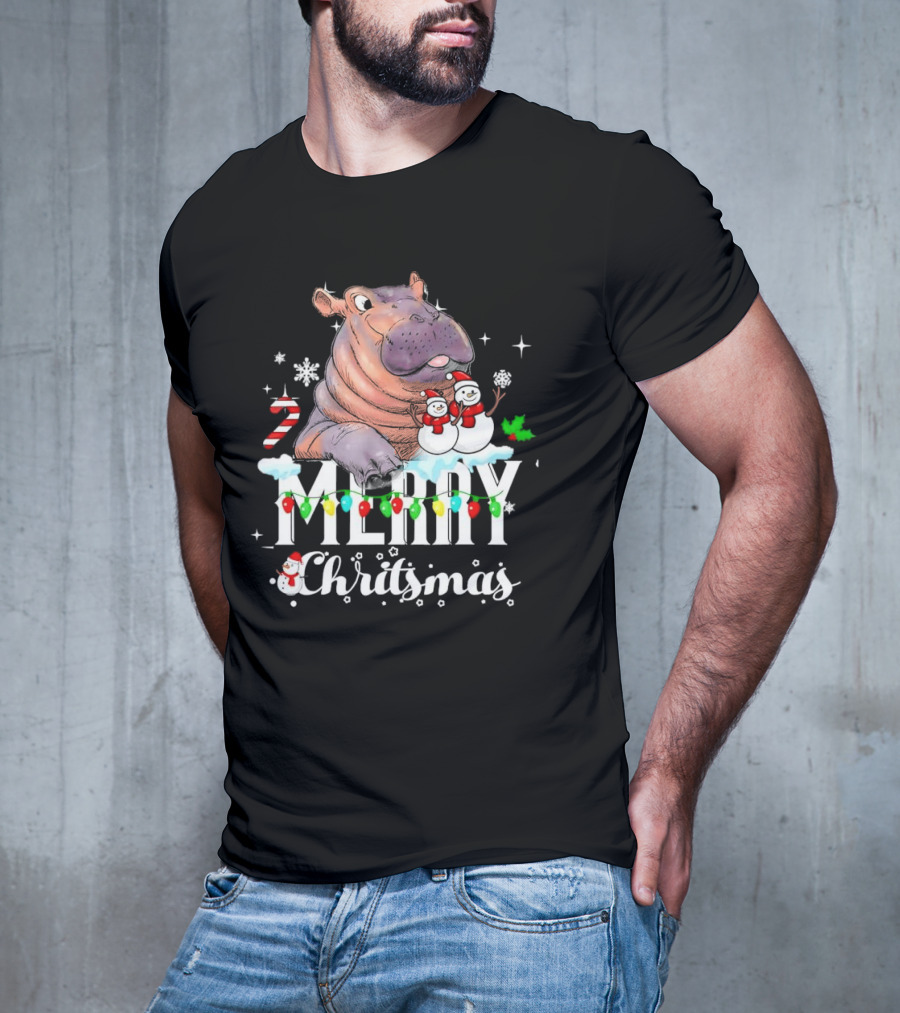 Hippo Merry Christmas Snowmen Candy Cane Lights T-Shirt