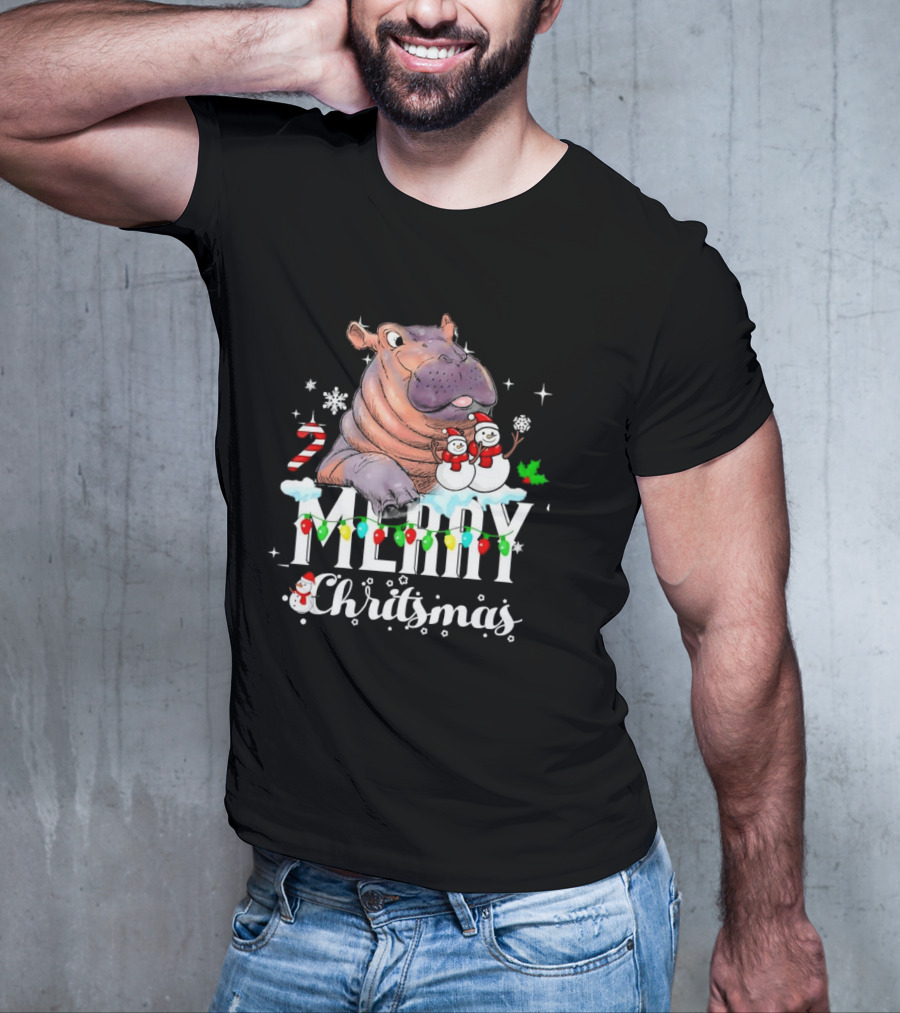 Hippo Merry Christmas Snowmen Candy Cane Lights T-Shirt