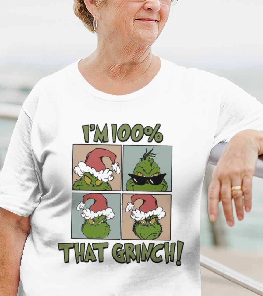 I'm 100% That Grinch Christmas Icon With Santa Hat And Sunglasses T-Shirt