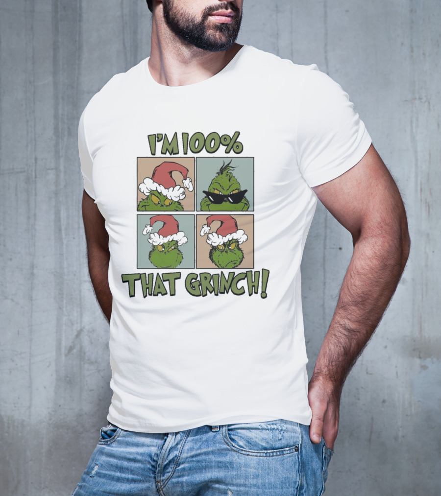 I'm 100% That Grinch Christmas Icon With Santa Hat And Sunglasses T-Shirt