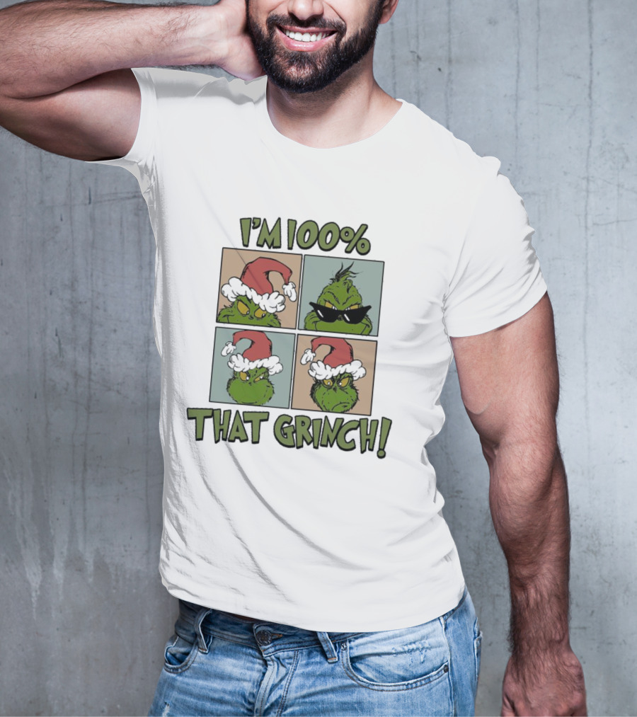 I'm 100% That Grinch Christmas Icon With Santa Hat And Sunglasses T-Shirt
