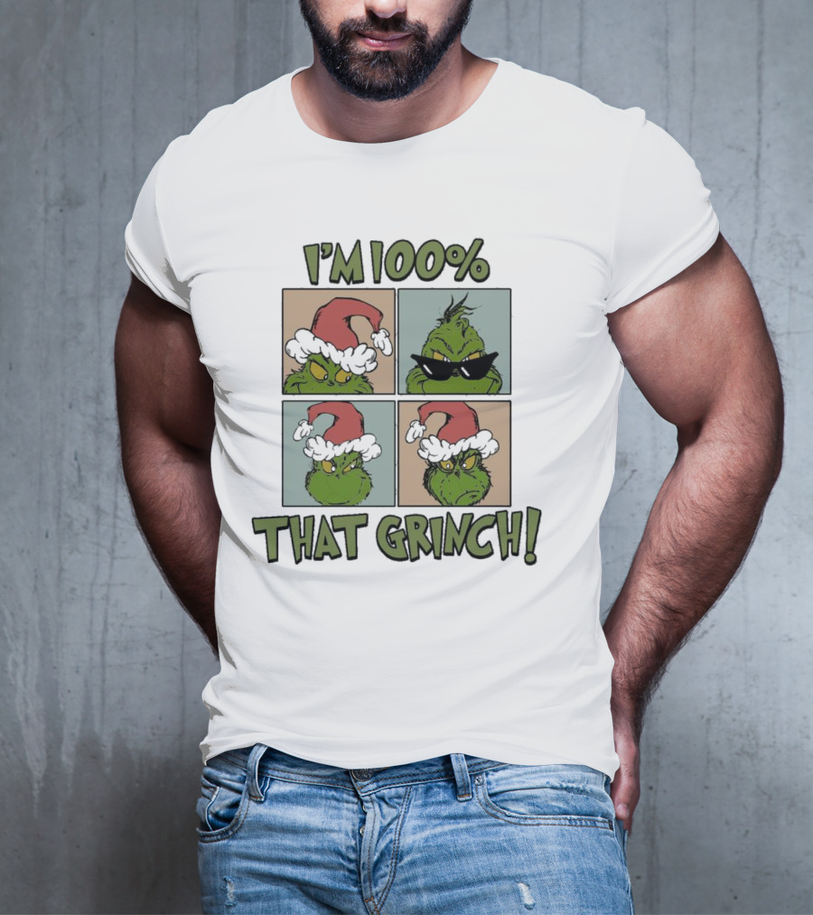 I'm 100% That Grinch Christmas Icon With Santa Hat And Sunglasses T-Shirt