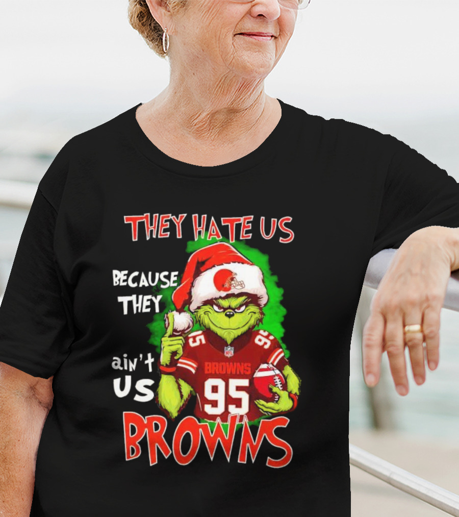 Myles Garrett Grinch They Hate Us Because They Ain't Us Browns NFL Football 95 Santa Hat T-Shirt
