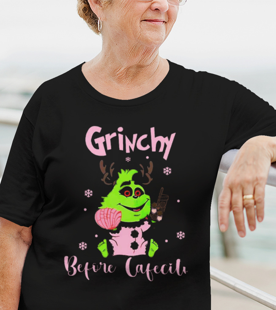 Grinchy Before Cafecito Christmas Holiday Drink Snowflakes T-Shirt