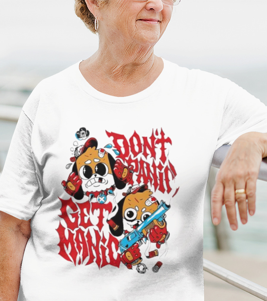 Don’t Panic Get Manic Cartoon Bears In Red And Black With Blue Gun T-Shirt