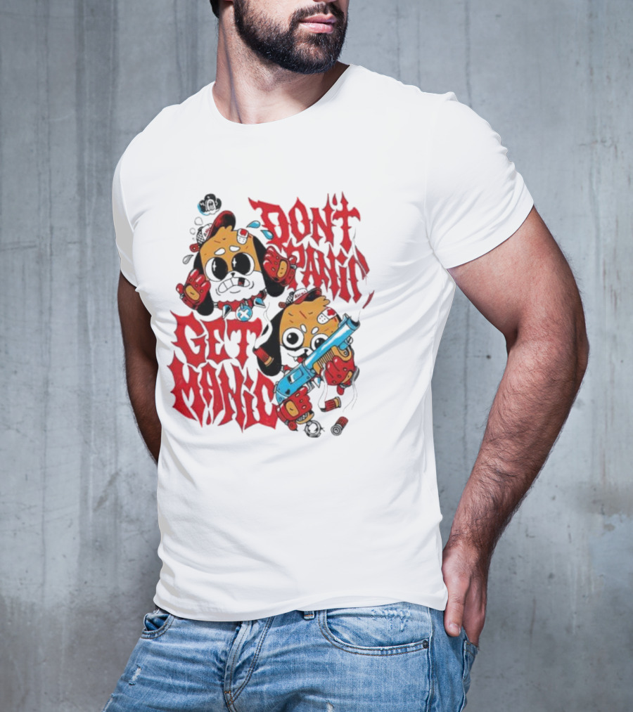 Don’t Panic Get Manic Cartoon Bears In Red And Black With Blue Gun T-Shirt
