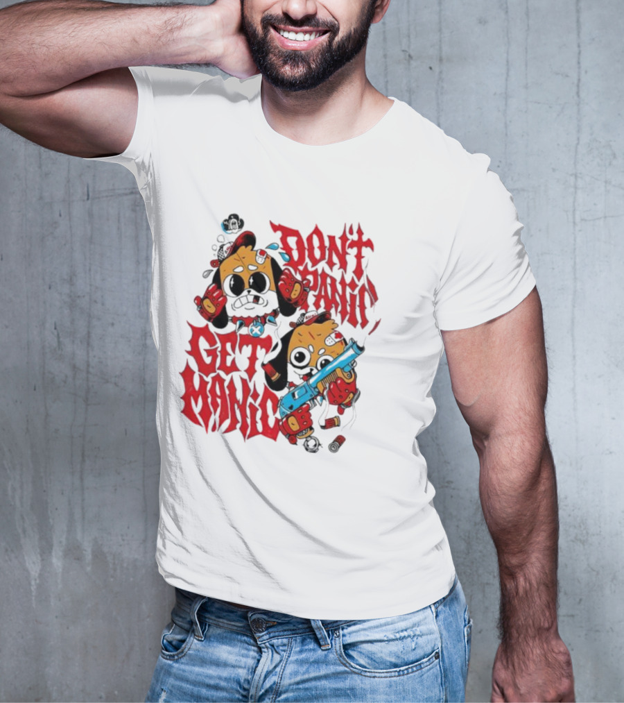 Don’t Panic Get Manic Cartoon Bears In Red And Black With Blue Gun T-Shirt