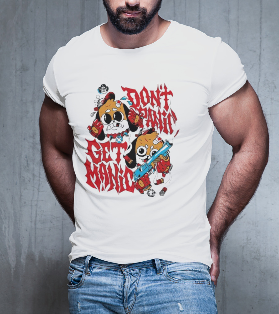 Don’t Panic Get Manic Cartoon Bears In Red And Black With Blue Gun T-Shirt
