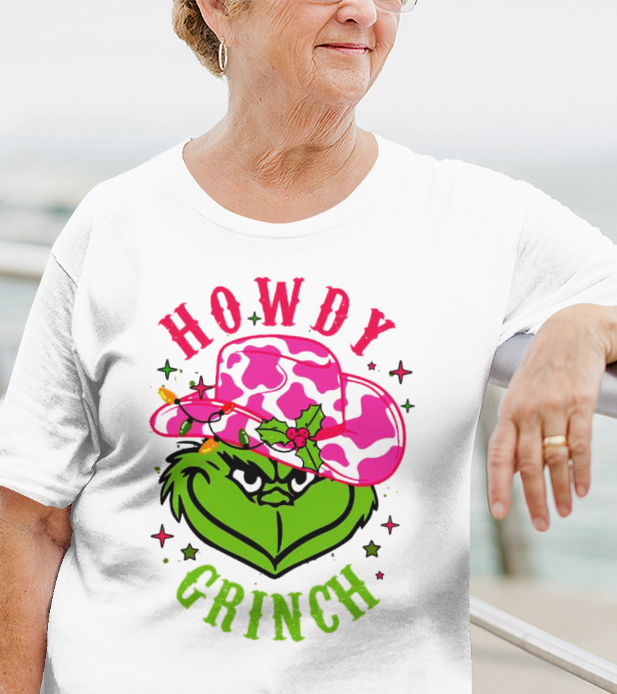 Howdy Grinch Christmas Cowboy Hat Festive Lights T-Shirt