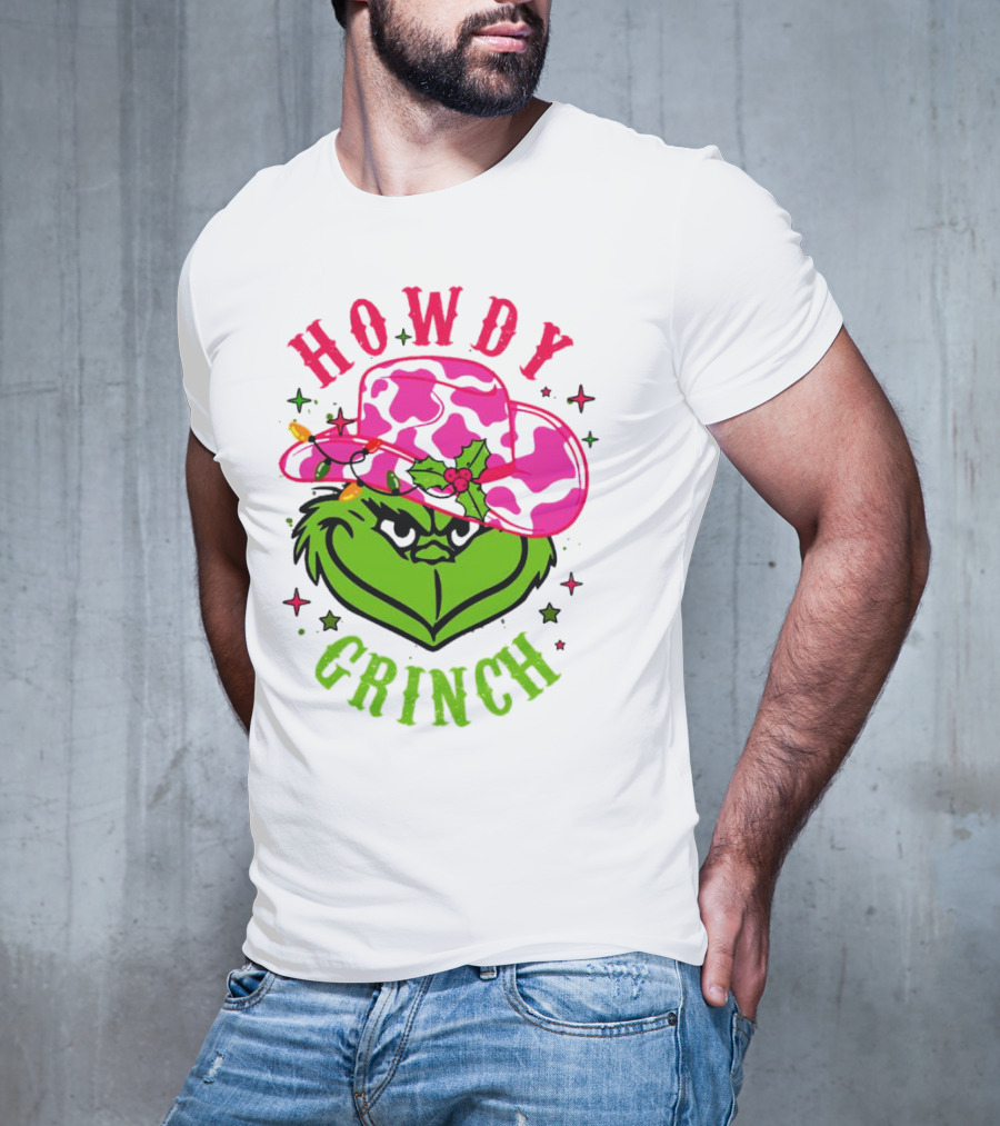 Howdy Grinch Christmas Cowboy Hat Festive Lights T-Shirt
