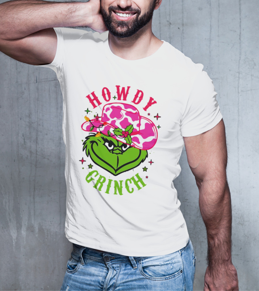 Howdy Grinch Christmas Cowboy Hat Festive Lights T-Shirt