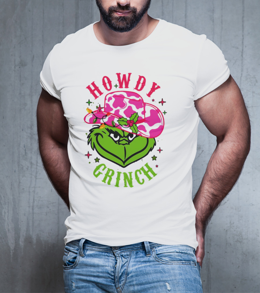 Howdy Grinch Christmas Cowboy Hat Festive Lights T-Shirt