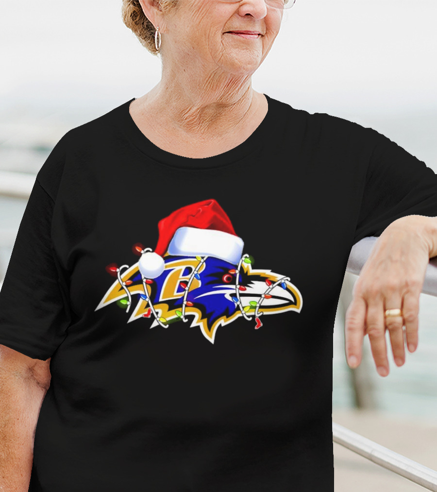 Baltimore Ravens Christmas Lights Santa Hat T-Shirt