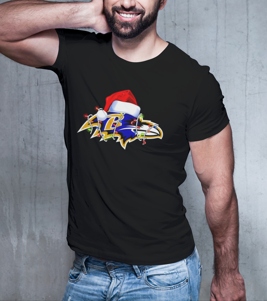 Baltimore Ravens Christmas Lights Santa Hat T-Shirt
