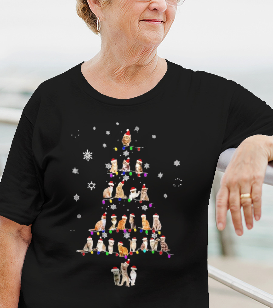 Cats With Santa Hats And Christmas Lights In Tree Shape T-Shirt