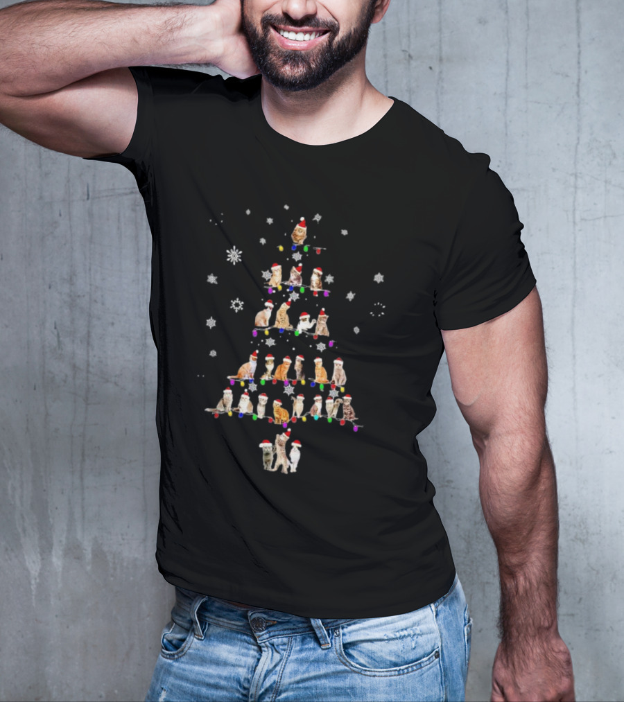 Cats With Santa Hats And Christmas Lights In Tree Shape T-Shirt
