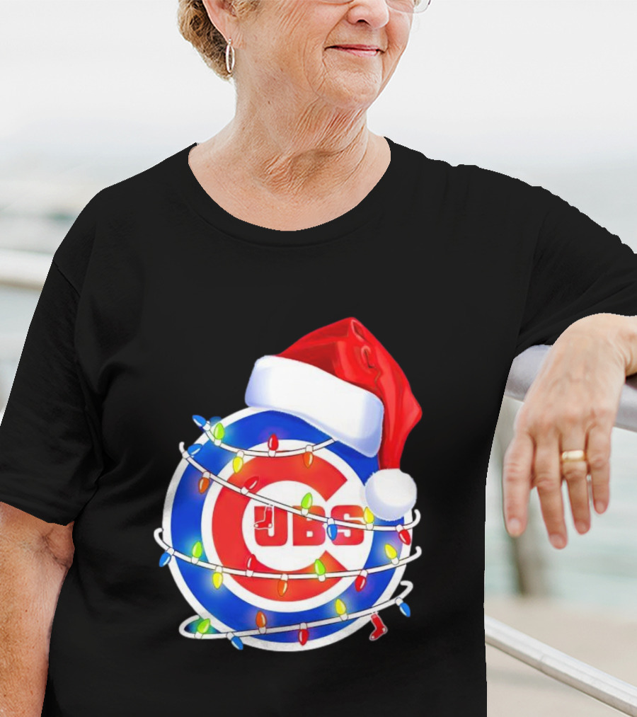 Chicago Cubs Festive Christmas Lights With Santa Hat T-Shirt