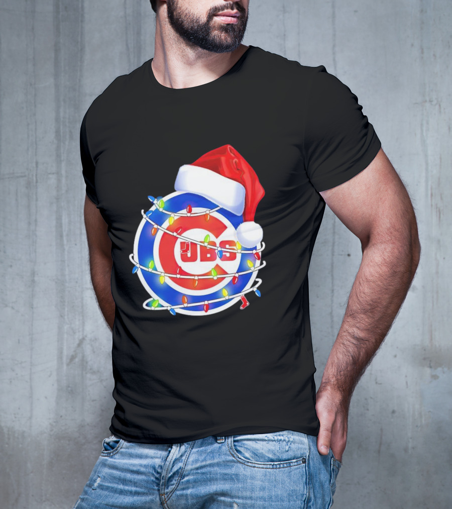 Chicago Cubs Festive Christmas Lights With Santa Hat T-Shirt