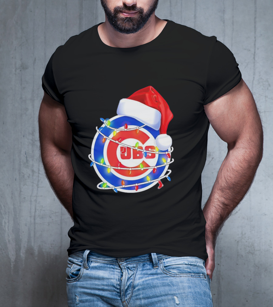 Chicago Cubs Festive Christmas Lights With Santa Hat T-Shirt