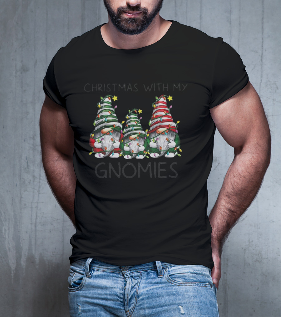 Christmas With My Gnomies Festive Holiday Lights Gnome Trio T-Shirt