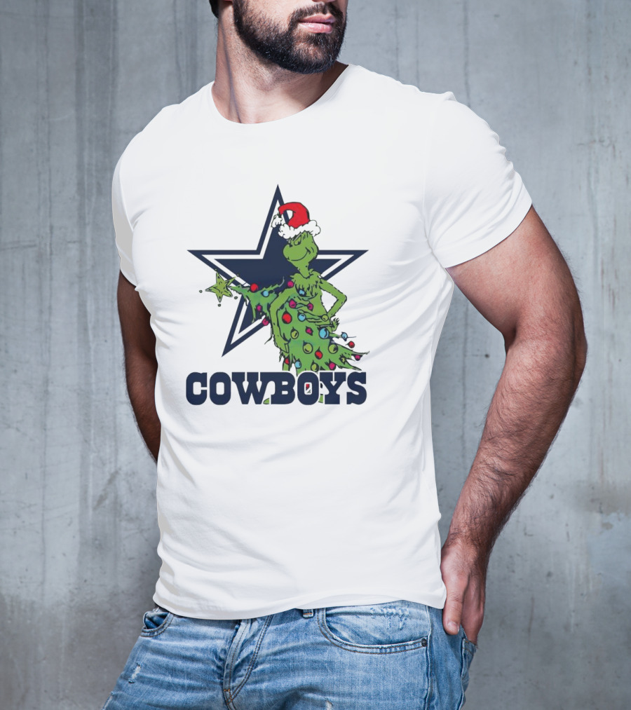 Dallas Cowboys Grinch In Santa Hat With Christmas Tree And Star T-Shirt