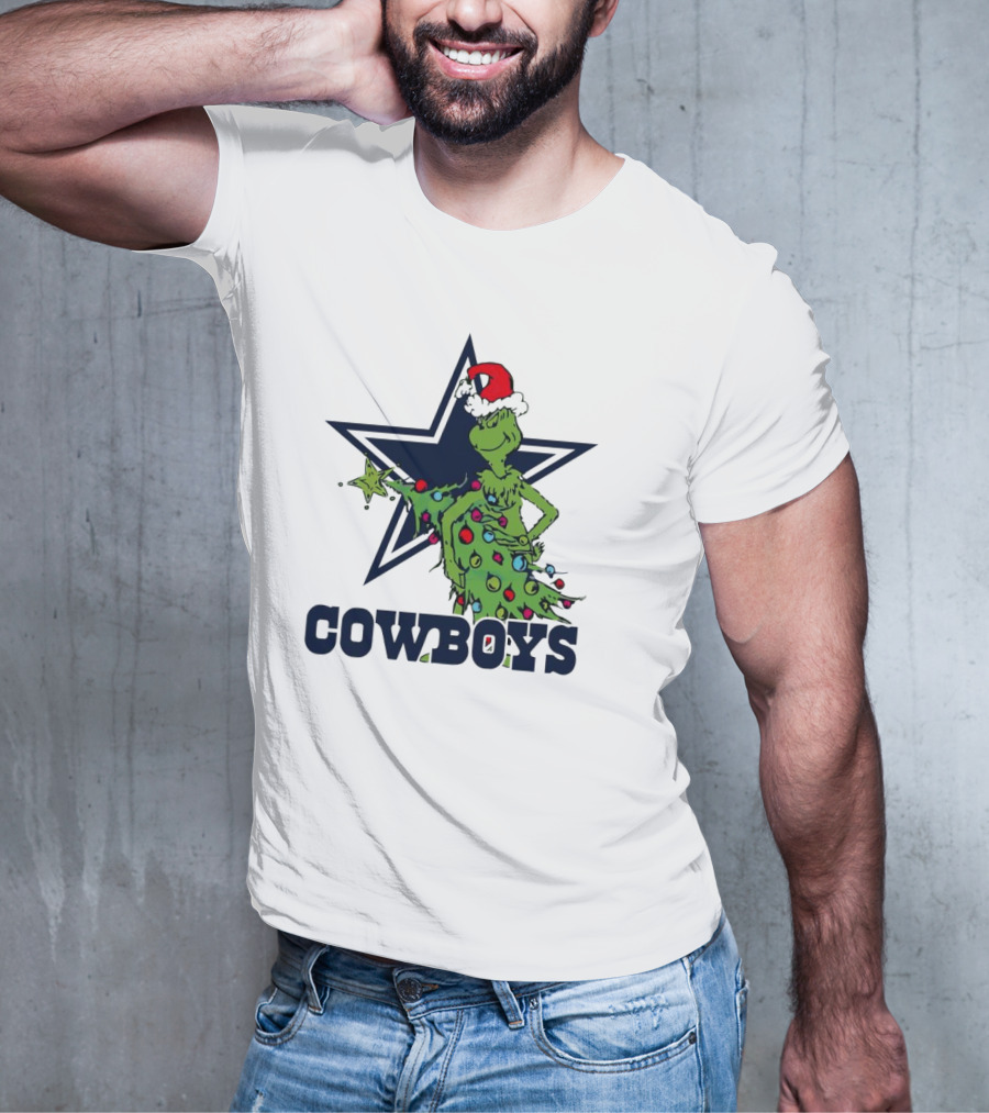 Dallas Cowboys Grinch In Santa Hat With Christmas Tree And Star T-Shirt