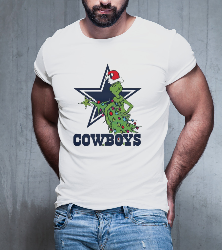 Dallas Cowboys Grinch In Santa Hat With Christmas Tree And Star T-Shirt