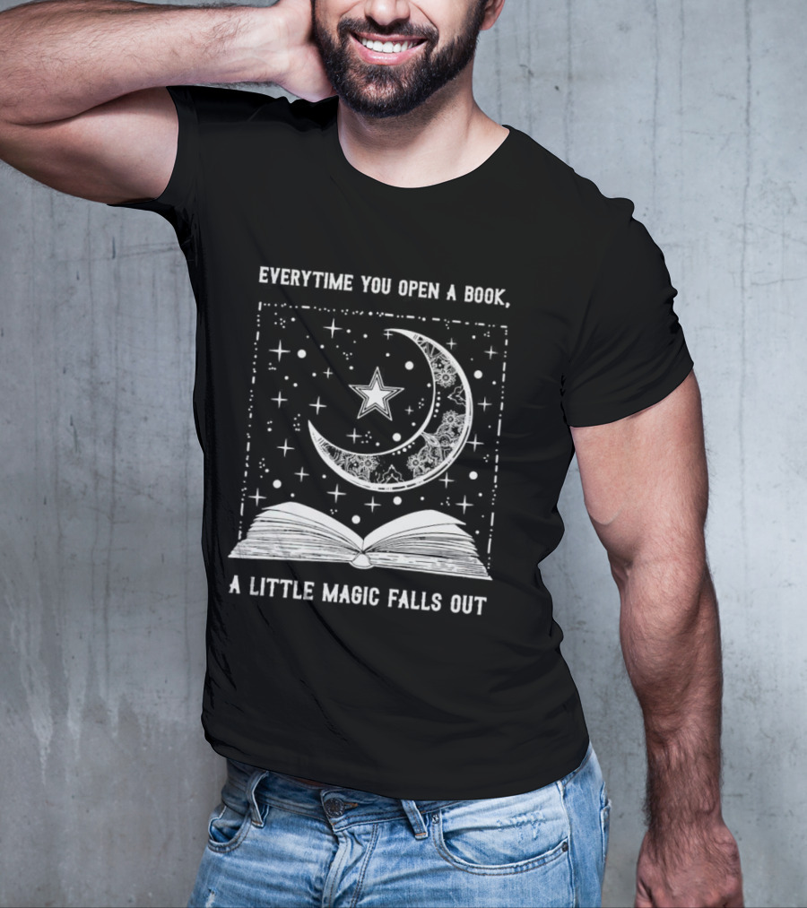 Everytime You Open A Book A Little Magic Falls Out With Starry Crescent Moon And Open Pages T-Shirt