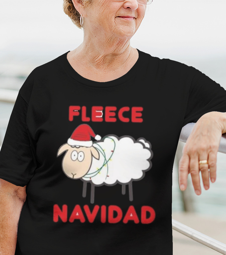 Fleece Navidad Christmas Sheep With Santa Hat And Festive Lights T-Shirt