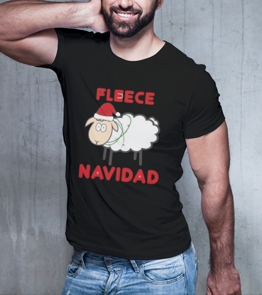Fleece Navidad Christmas Sheep With Santa Hat And Festive Lights T-Shirt