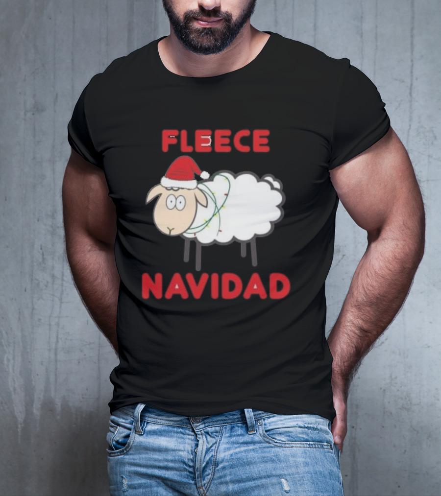Fleece Navidad Christmas Sheep With Santa Hat And Festive Lights T-Shirt